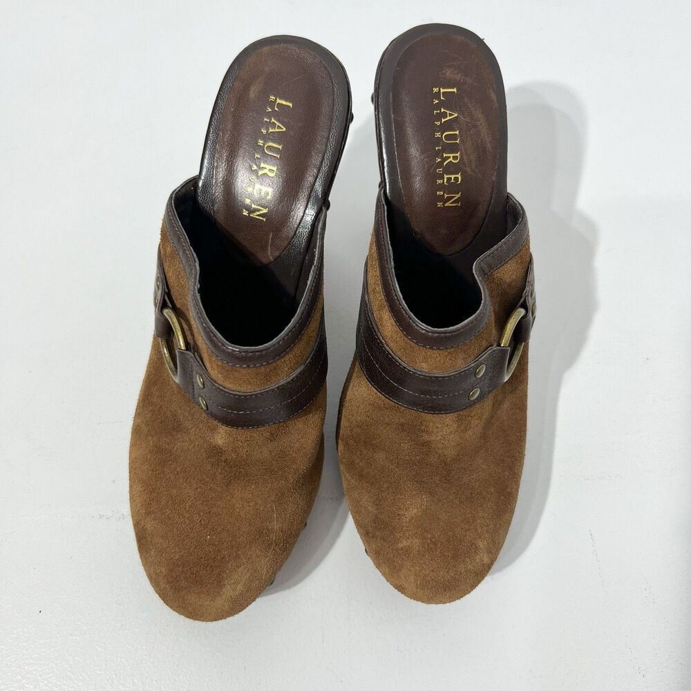 REVOLVE Ralph Lauren Brown Suede Studded Leather Clog Mules with Ring Accent - Picture 3 of 9
